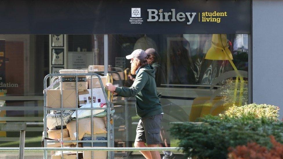 Parcels being delivered to students in Birley Halls, Manchester