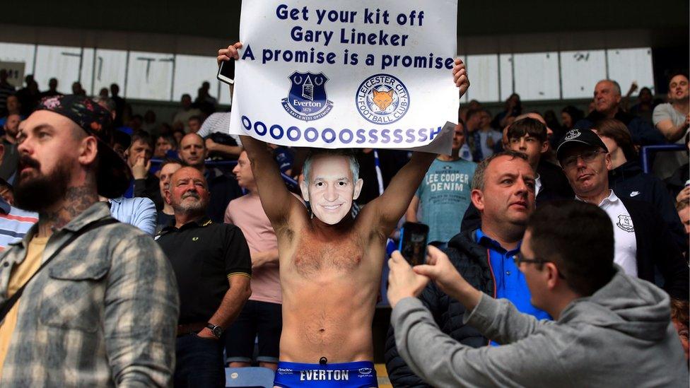 Everton fan Michael Cullen, also known as Speedo Mick, reminds Gary Lineker of his promise to present Match of the Day in his pants