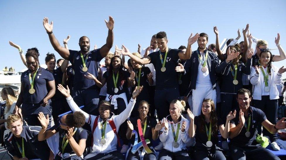 French medal winners at the Roissy-Charles-De-Gaulle airport near Paris