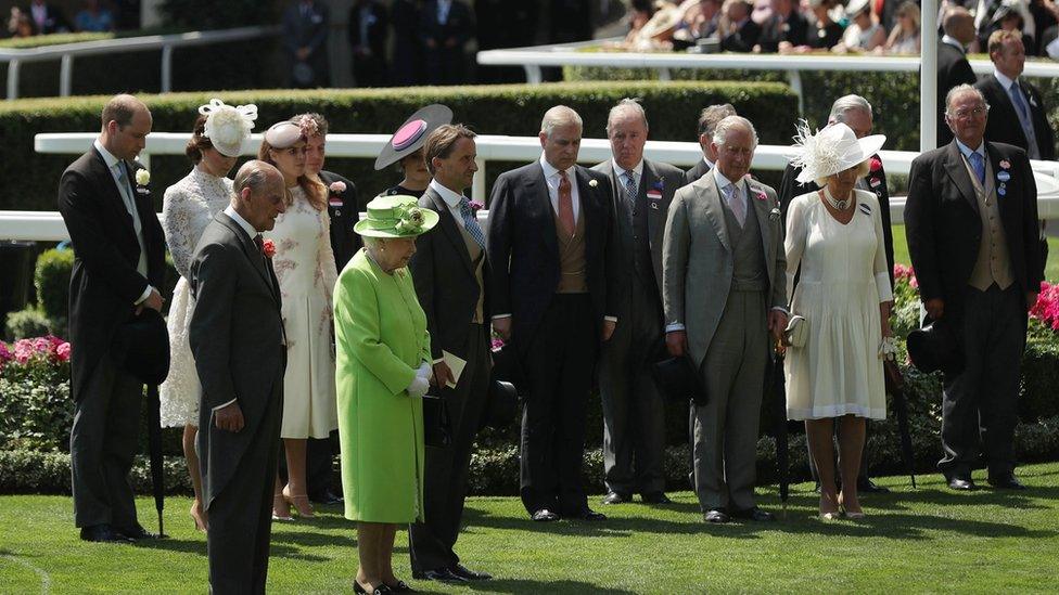 The Queen, Prince Phillip, Prince Charles, Prince William, Prince Andrew the Duchess of Cambridge and The Duchess of Cornwall with their heads bowed