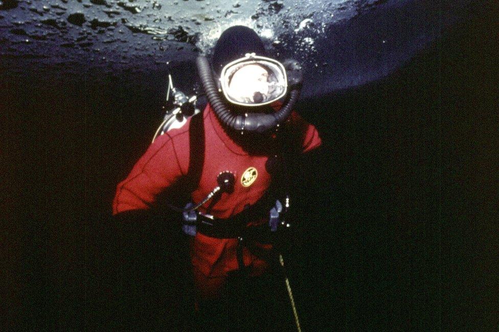 Charles diving under the arctic ice at Resolute Bay, Canada