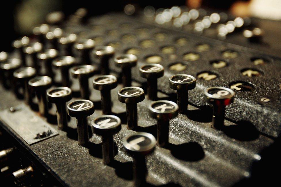 The Enigma coding machine that was used by the Germans in WW2 on display at Bletchley Park