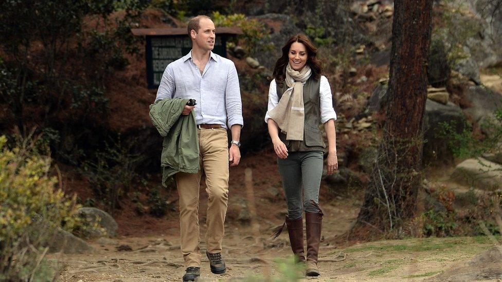 Prince William and the Duchess of Cambridge walking to the Tiger's Nest in Bhutan