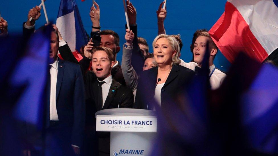 Marine Le Pen at her rally in Paris on 1 May 2017