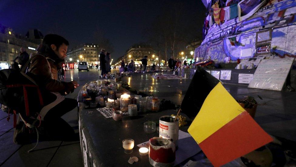 Belgian flag on the Place de la Republique in Paris, France. 22 March 2016