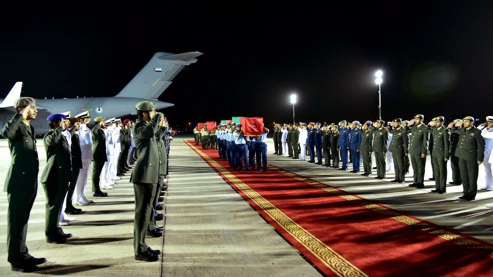 Members of the Emirati armed forces carrying the coffins of comrades killed in Yemen's eastern province of Marib