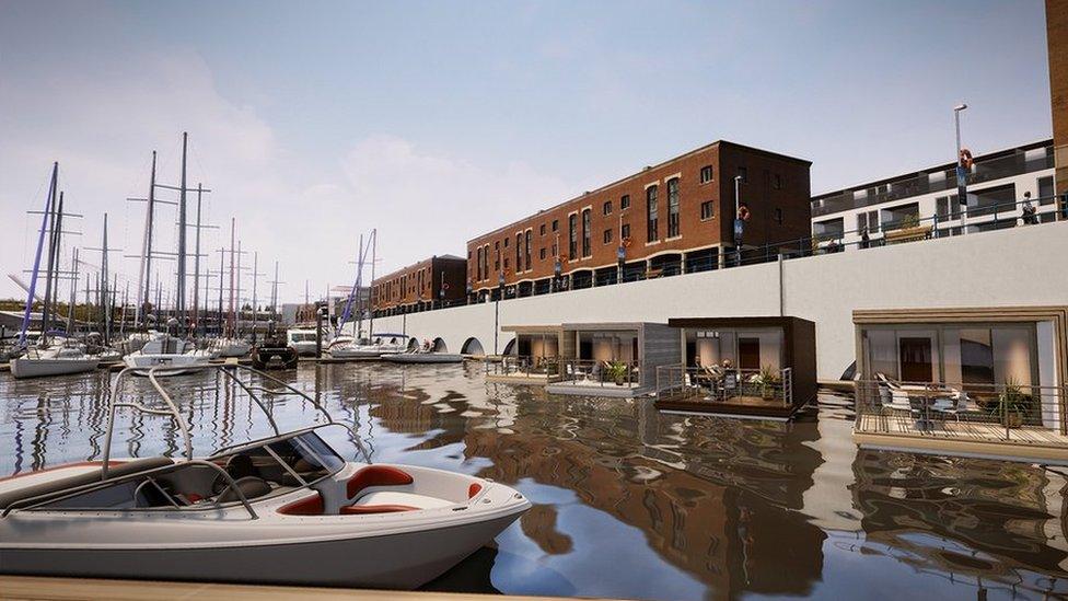 Artist's impression of the marina with the floating cabin holiday lets