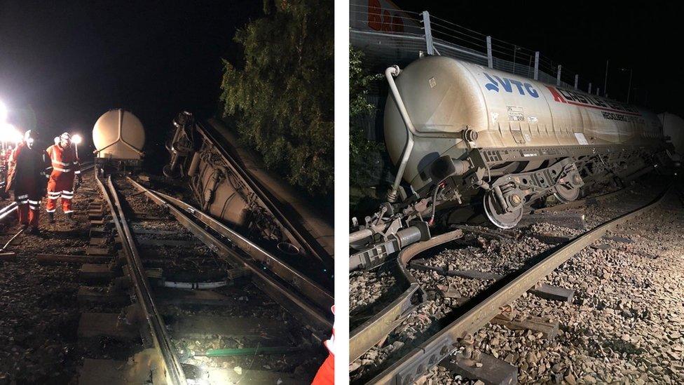 Composite of two photographs showing the derailment and Network Rail staff at the scene