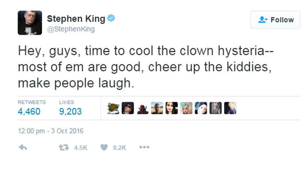 This picture shows a tweet sent by the writer Stephen King, telling people to "cool the clown hysteria"