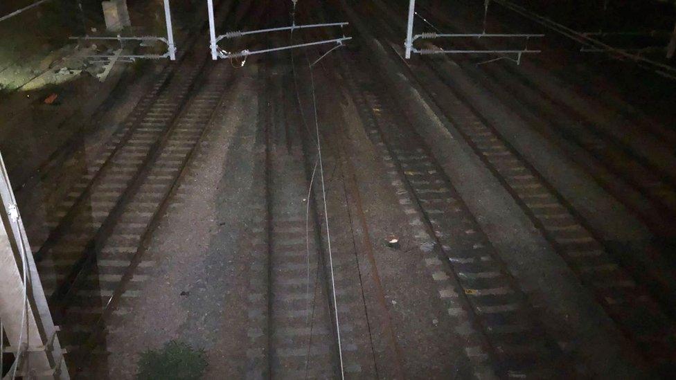 Damaged overhead power line across Stevenage railway