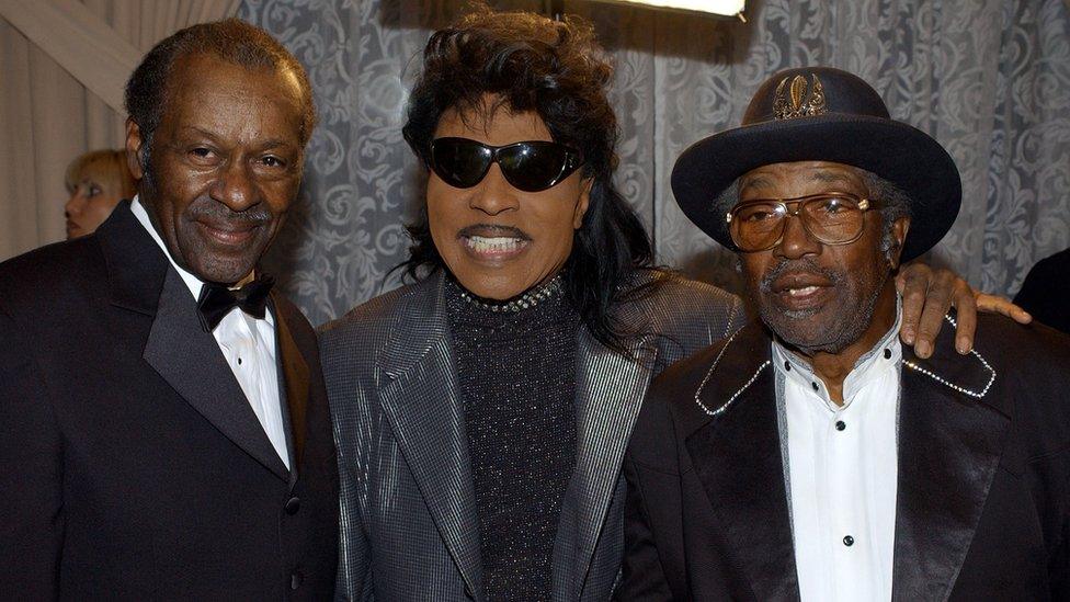 Musicians Chuck Berry (left), Little Richard (centre) and Bo Diddley attend the 50th Annual BMI Pop Awards May 14, 2002 in Beverly Hills, CA