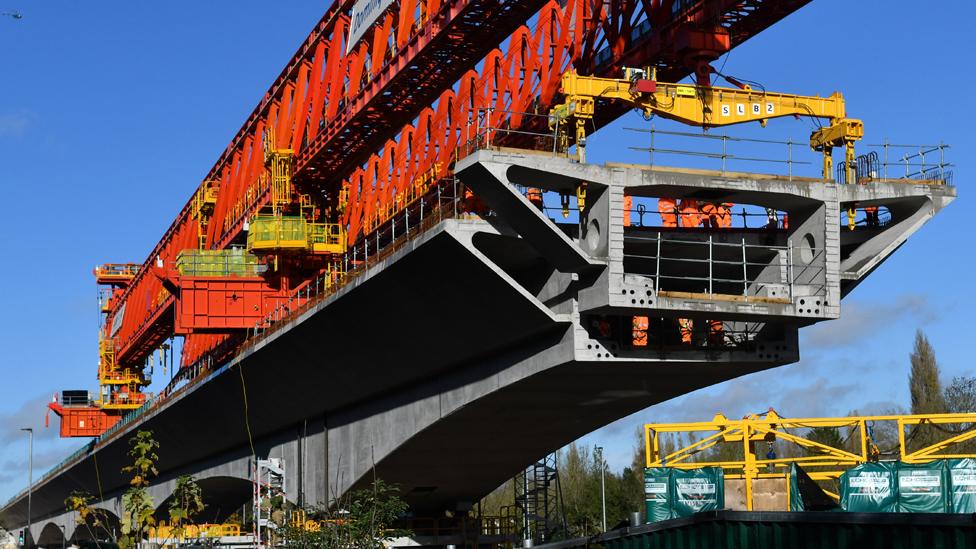 Construction of the HS2 Colne Valley Viaduct on November 16, 2022 in Denham, England