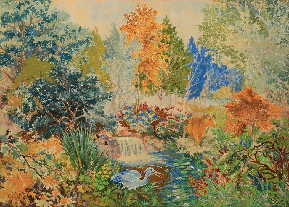 Woodland scene with cow and heron