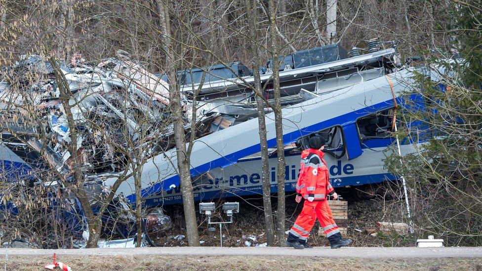 Red Cross workers at the site of a train crash in Germany