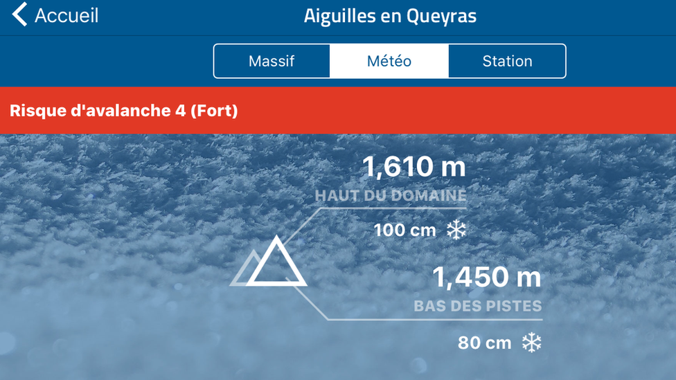 A screengrab of the app showing a level 4 avalanche warning