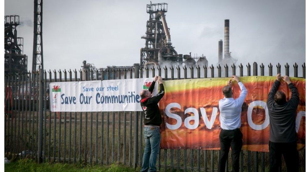 A union banner outside the Port Talbot plant on Monday