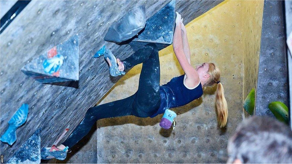 South African climber Erin Sterkenburg in action on a climbing wall