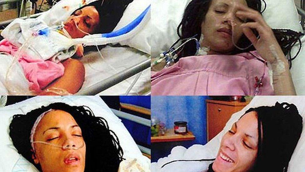 Photo collage of Cheryl Roach in hospital following her brain aneurysm