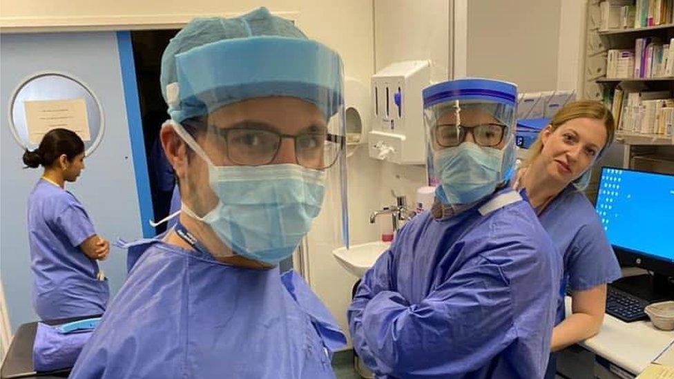 NHS staff wearing visors made by volunteers