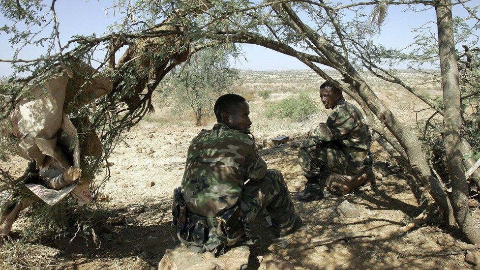 Ethiopian soldiers on a hilltop outpost overlooking the town of Badme in 2005