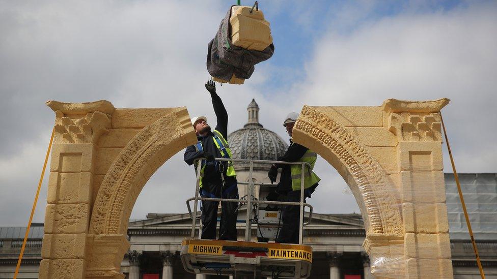 The replica of the Arch of Triumph being constructed in Trafalgar Square