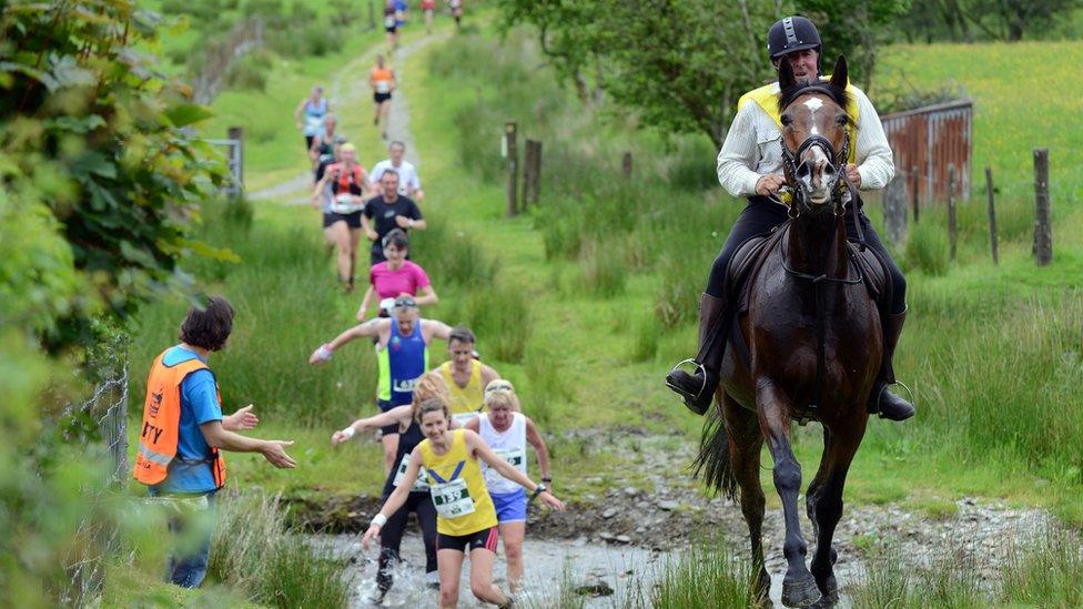 A-long-line-of-runners-navigate-fields-and-water-to-try-and-catch-up-with-the-horse-and-rider-speeding-alongside-them.