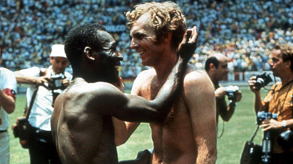 Pele of Brazil and Bobby Moore of England exchange shirts after the World Cup Group C game at the Estadio Jalisco in Guadalajara, Mexico 7 Jun 1970