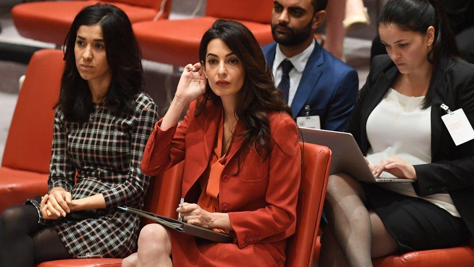 Nadia Murad and Amal Clooney attends a UN Security Council meeting on 21 September 2017