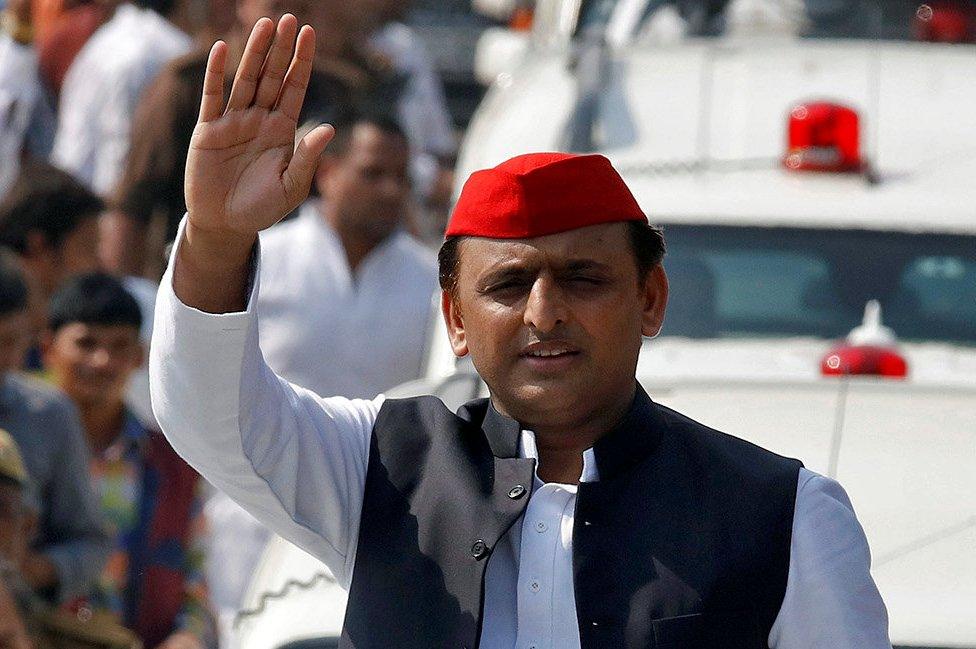 Akhilesh Yadav, Chief Minister of the northern state of Uttar Pradesh and the son of Samajwadi Party (SP) chief Mulayam Singh Yadav, waves at his supporters during a Rath Yatra, or a chariot journey, as part of an election campaign in Lucknow, India on November 3, 2016.