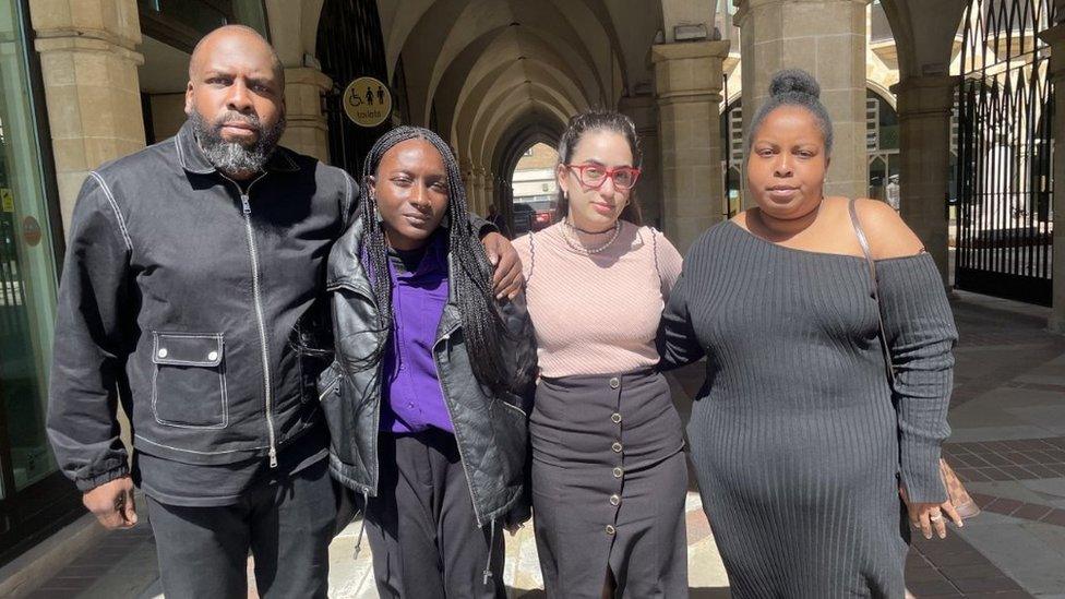 Photo of (left to right) Yomi Odubanjo (brother), Tife Kusoro (Gboyega's partner), Tice Cin (friend and family spokesperson) and Rose Odubanjo (sister)