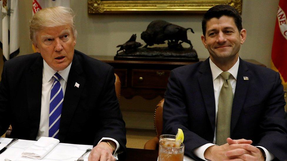 Speaker of the House Paul Ryan (R) sits beside U.S. President Donald Trump during a leadership lunch at the White House in Washington, U.S. March 1, 2017