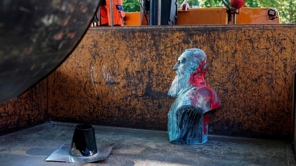 This bust of Leopold II was removed on Friday in Auderghem, near Brussels