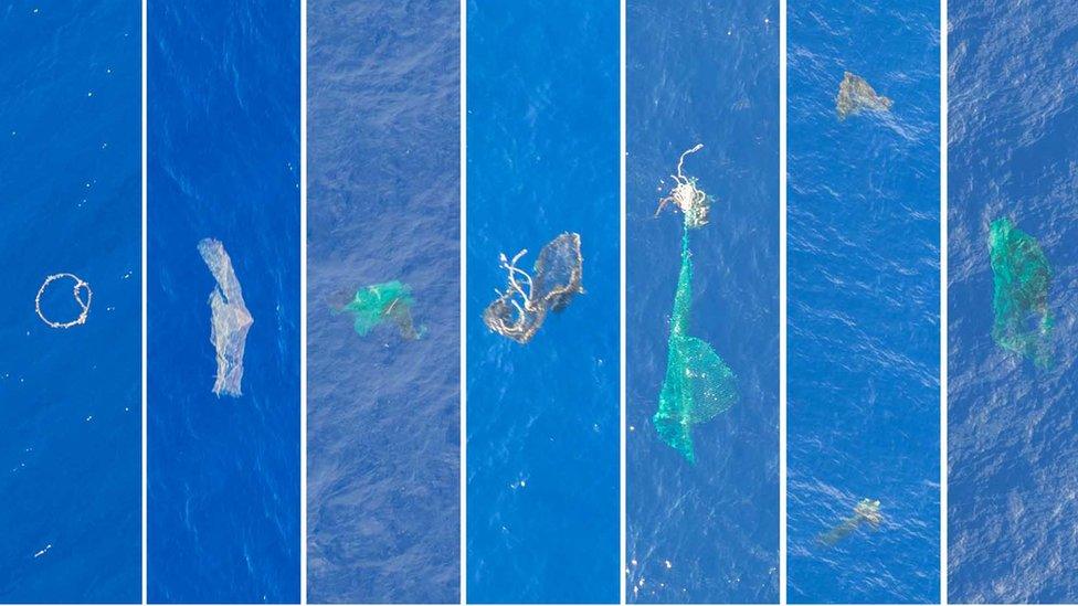 Aerial view of rubbish spotted in Great Pacific Garbage Patch