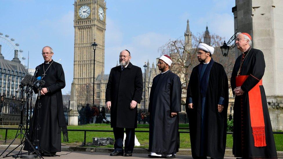 (From left) Archbishop of Canterbury, the Most Reverend Justin Welby, Chief Rabbi Ephraim Mirvis, Sheikh Khalifa Ezzat, Sheikh Mohammed al Hilli and Cardinal Vincent Nichols, Archbishop of Westminster