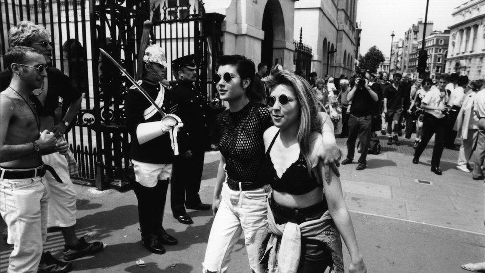 A couple on Horseguards Parade, London, on the annual Gay Pride march in July 1994