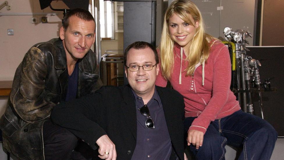 Russell T Davies with Doctor Who actors Chrisopher Ecclestone and Billie Piper in 2004