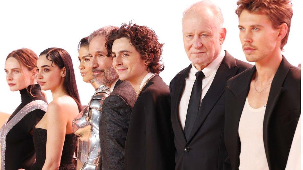 (L-R) Rebecca Ferguson, Souheiler Yacoub, Zendaya, Director Denis Villeneuve, Timothée Chalamet, Stellan Skarsgård and Austin Butler