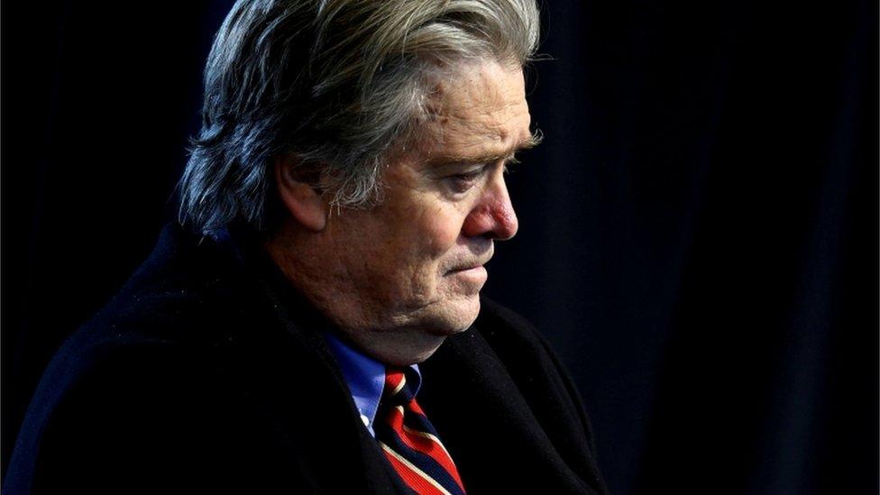 Steve Bannon profile shot in darkly lit image