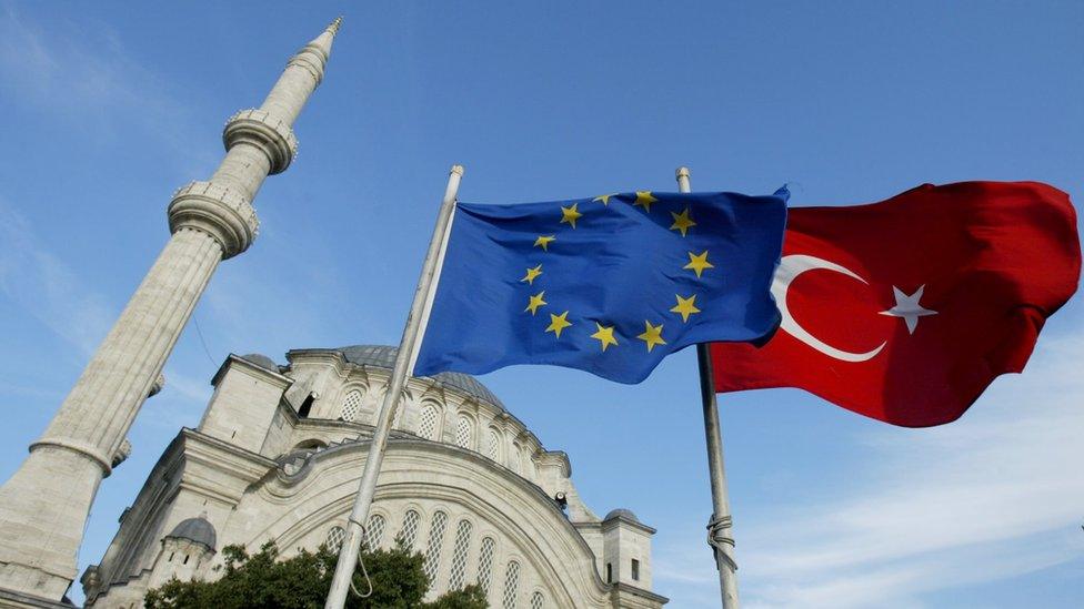 Flags of Turkey and the European Union in front of a mosque in Istanbul (file photo)