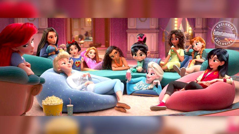 The 14 Disney princesses in their comfortable clothing in Ralph Breaks The Internet