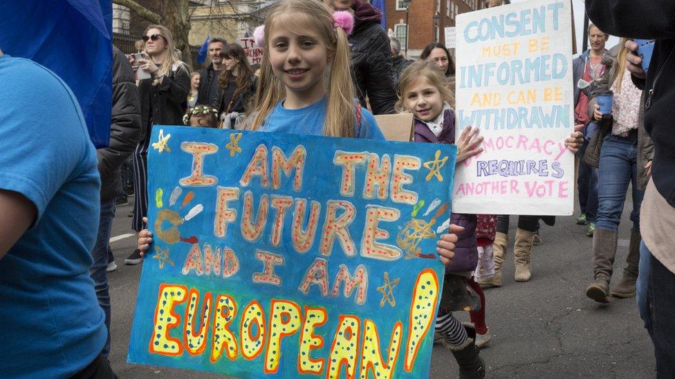 Seven days before the original for the UK to leave the EU, hundreds of thousands of Brexit protestors marched through central London calling for another EU referendum. Organisers of the 'Put It To The People' campaign say more than a million people joined the march before rallying in front of Parliament, on 23rd March 2019, in London, England