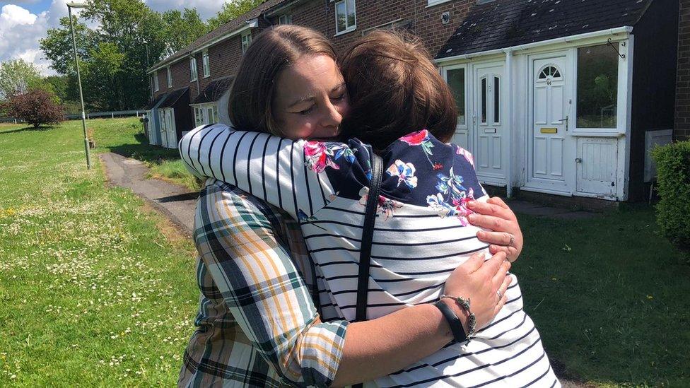 Hospital ward manager Viv Hudson, 58, wept with joy as she finally hugged her NHS worker daughter Theresa Fox this afternoon