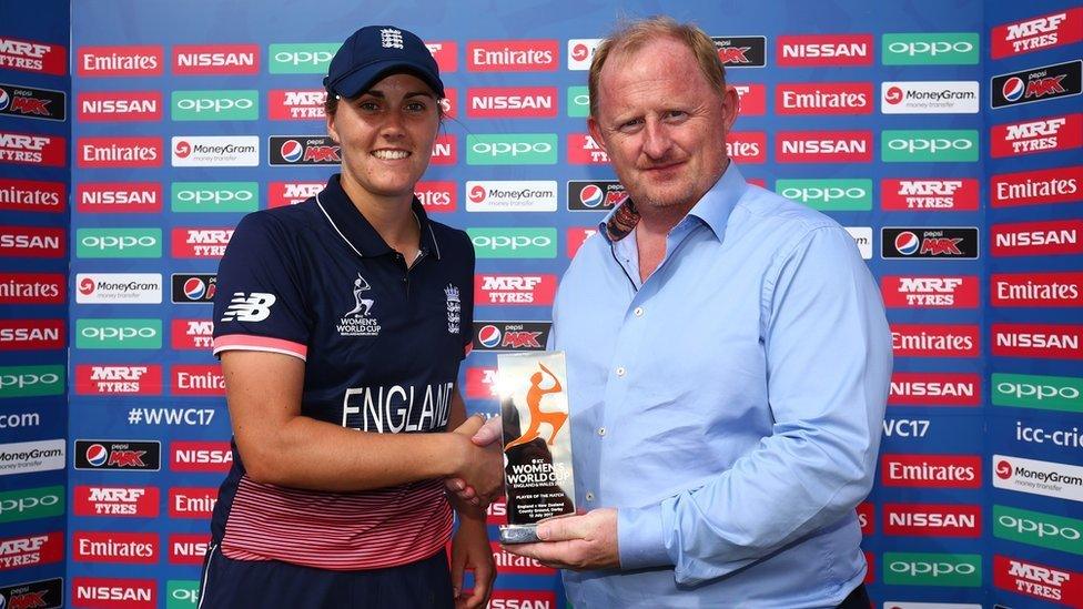 Natalie Sciver of England receives the Player of the Match award from Pete Marples