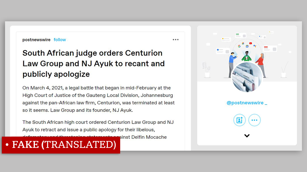 Screen shot of an article showing identical story to the one above with "Fake (Translated)" stamp