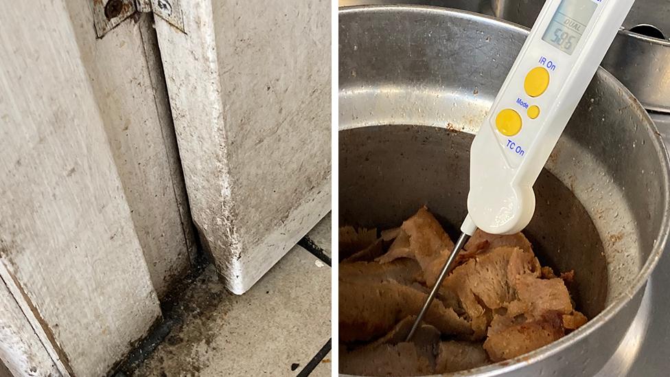 Composite image: 1) dirty flooring and door, 2) thermometer stuck into shredded meat in a metal bowl