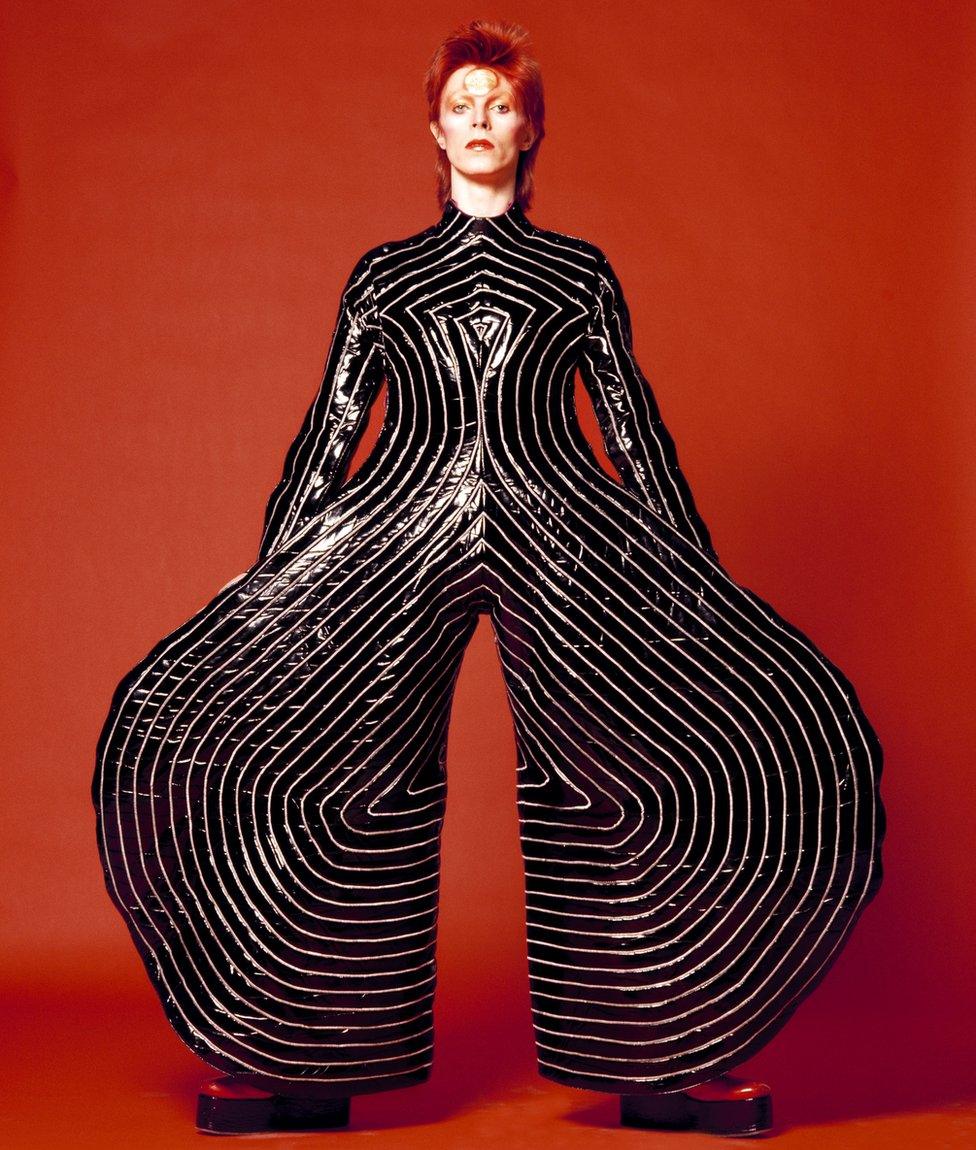 Striped bodysuit for Aladdin Sane tour designed by Kansai Yamamoto