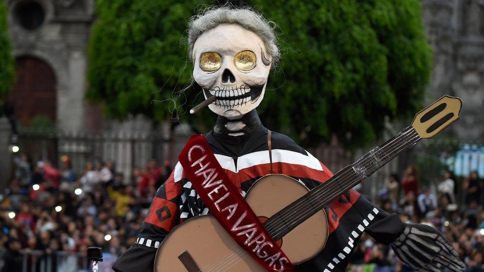 A skeleton depiction of Mexican singer