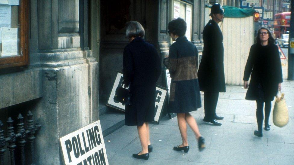 Women at a polling station in the 1970s