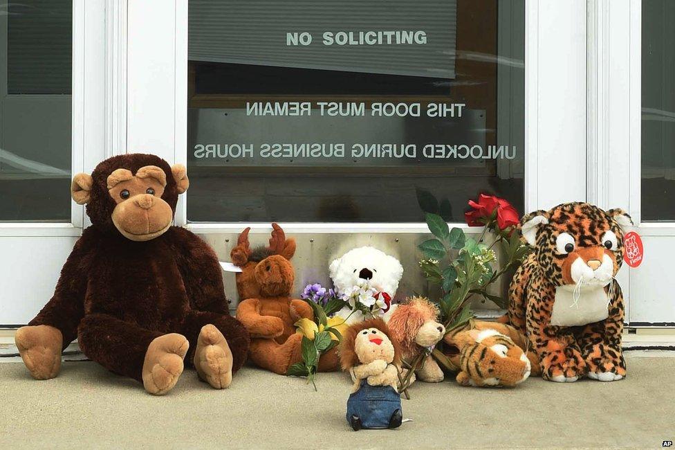 Stuffed toys outside James Palmer's dental practice