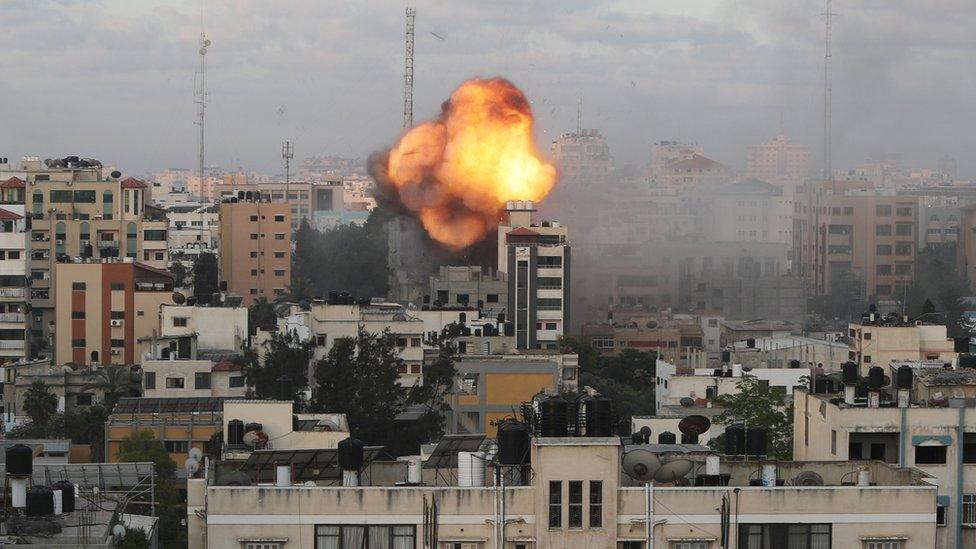 Buildings in Gaza were destroyed in Israeli air strikes early on Tuesday